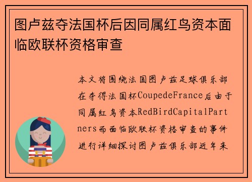 图卢兹夺法国杯后因同属红鸟资本面临欧联杯资格审查